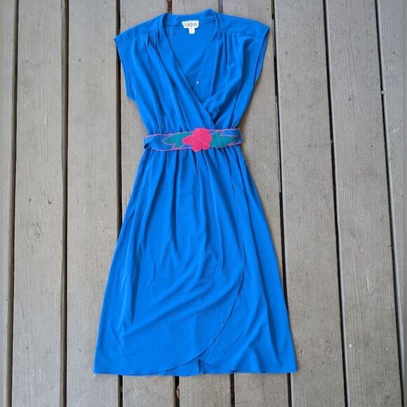 Vintage‎ 70/80s Blue Retro A-line Dress XS/S Surplice Secretary Floral Belt - Picture 1 of 7